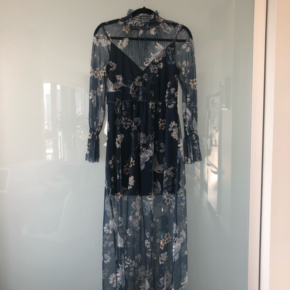 ASOS PETITE Printed Mesh Maxi Dress Shirred Neck - Picture 3 of 3